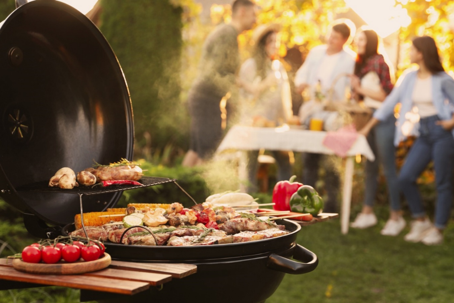 Group,Of,Friends,Having,Party,Outdoors.,Focus,On,Barbecue,Grill